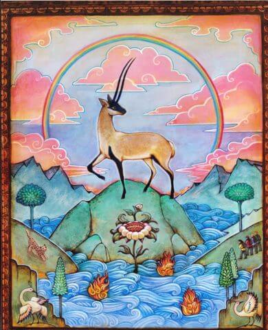 Artwork depicting a chiru atop a mountain, with a rainbow around it