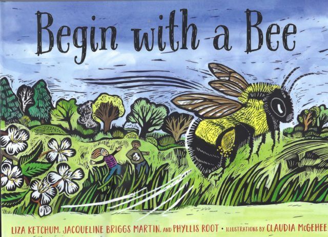 Book cover for "Begin with a Bee".
The illustration shows a flying rusty-patched bumble bee in the foreground. Field and trees, two kids in the background.