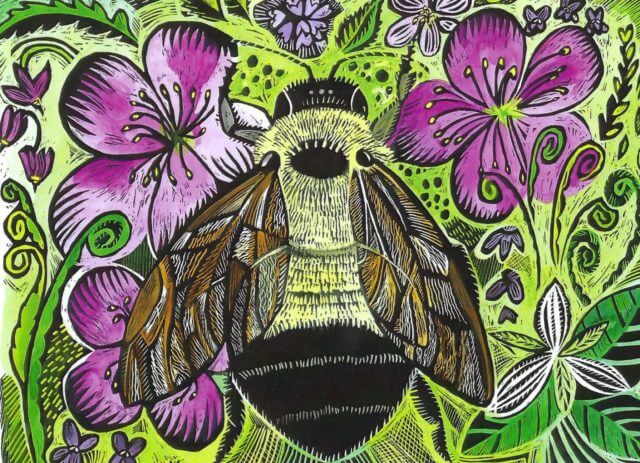 artistic rendering of a bumblebee surrounded by flowers