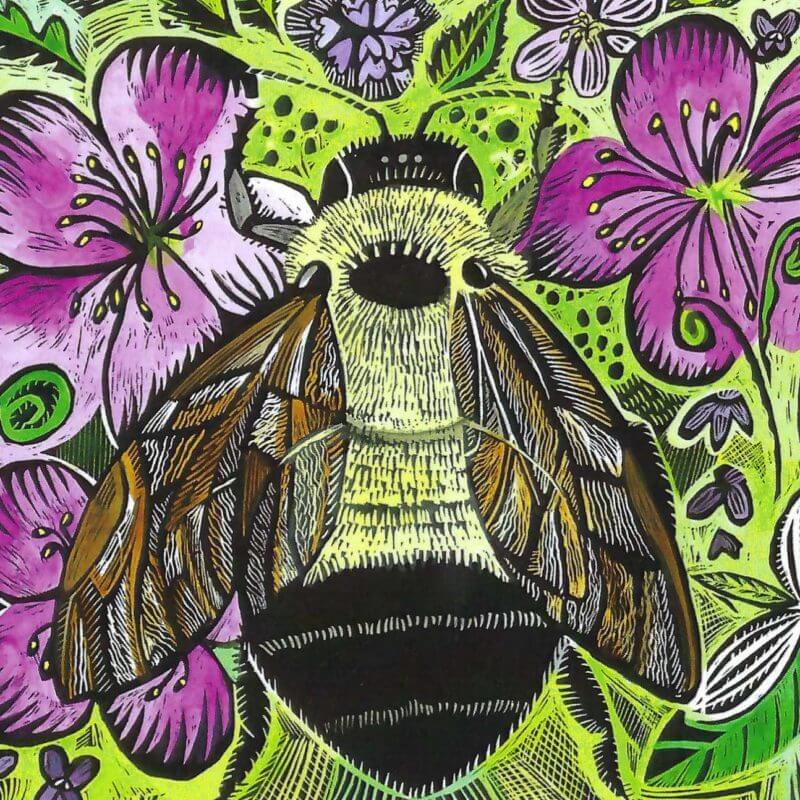 artistic rendering of a bumblebee surrounded by flowers